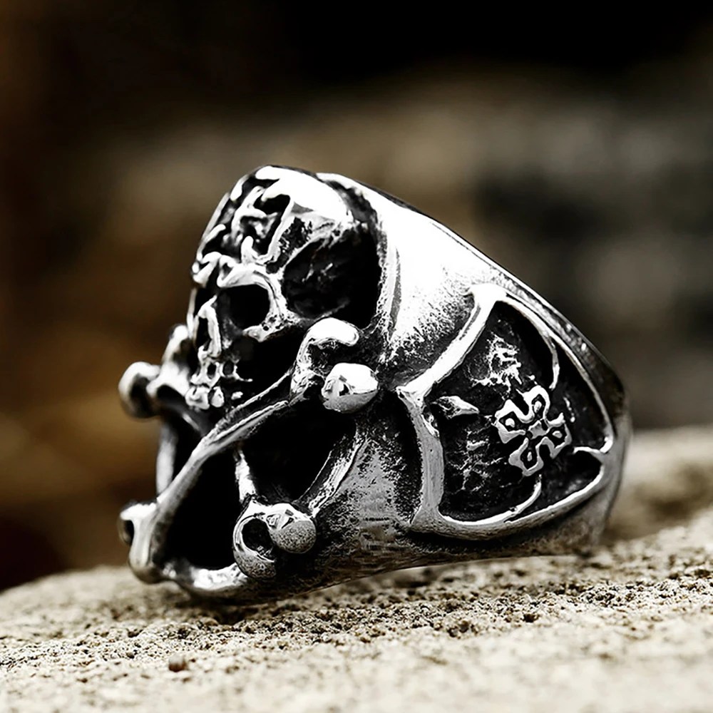 Biker Iron Cross Skull and Crossbones Ring Mens - Stainless Steel Silver - Unisex