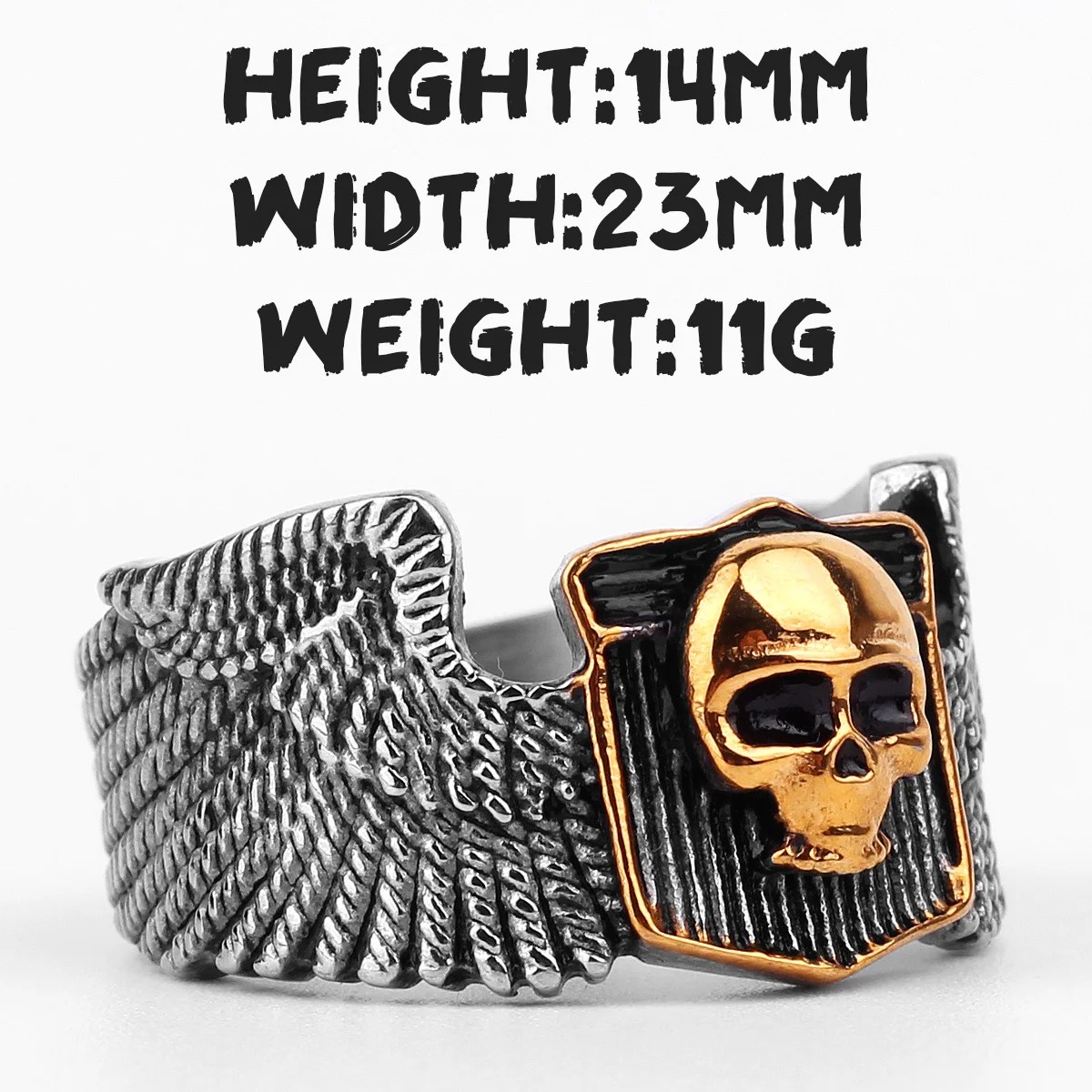Winged Gold Skull Outlaw Biker Ring Mens - Stainless Steel Silver & Gold - Unisex