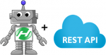 Friendly robot with a green map-pin chest icon, a plus sign, and a cloud labeled REST API, representing an AutoHotkey script calling web services