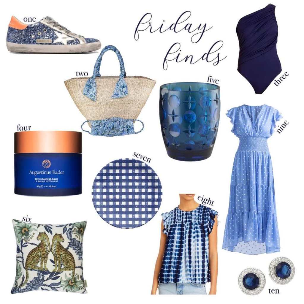 collage of home items and clothes a collage of blue clothing and home items for FRIDAY FINDS