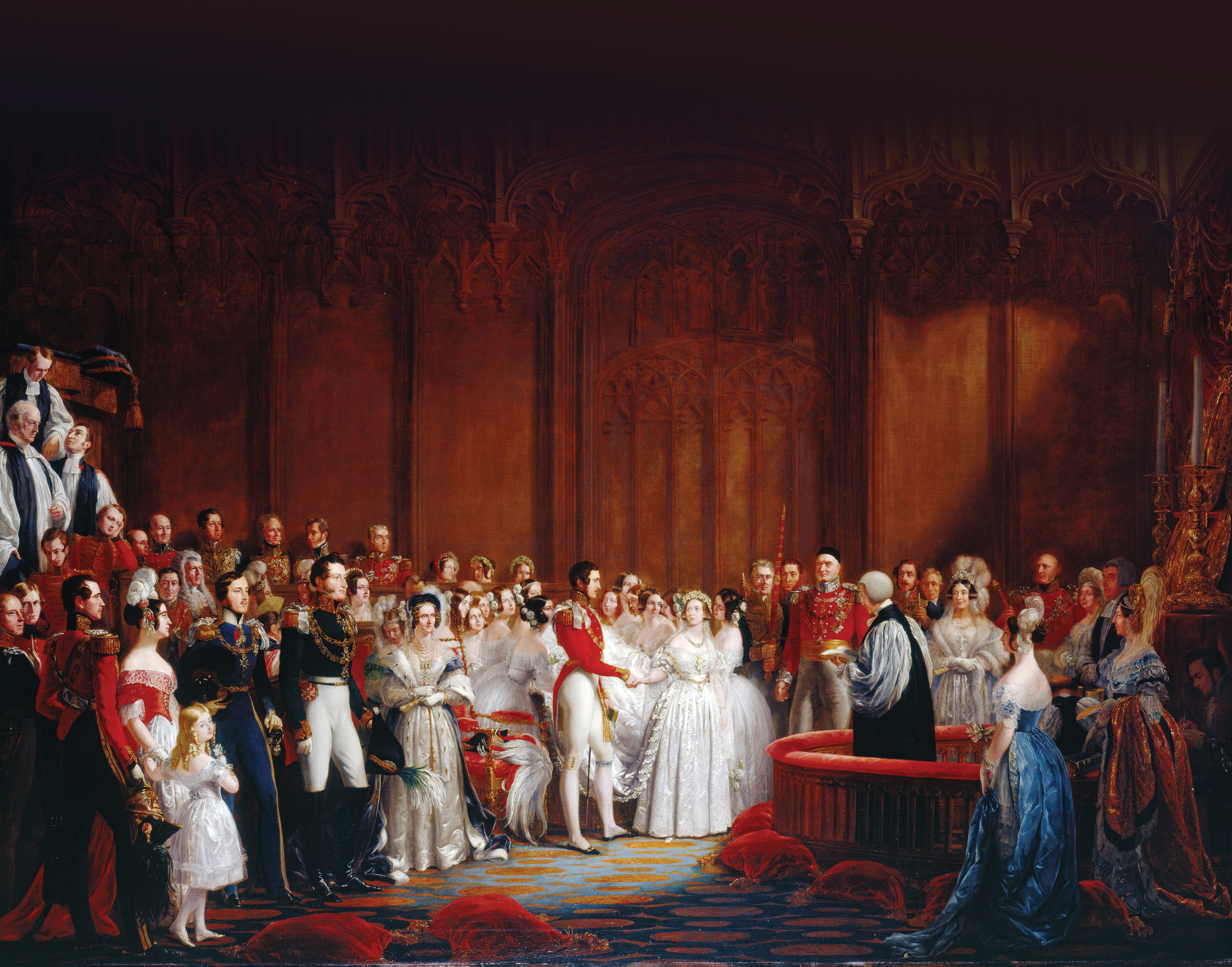 Marriage of Queen Victoria on the 10th February 1840, by Sir George Hayter (1792-1871). On 10 February 1840, Queen Victoria married her cousin, Prince Albert of Saxe-Coburg and Gotha, in the Chapel Royal, St James. Though white has long been accepted as the traditional colour of wedding dresses, it was actually Victoria’s dress white satin trimmed with Honiton lace that established this custom. White has since been by far the most popular choice for bridal gowns.