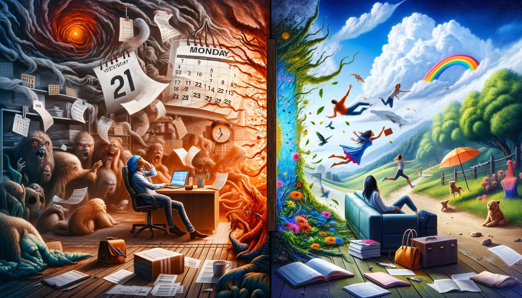 Dall·e 2024 03 17 20.09.08 Generate Two More Alternative Wide Aspect Ratio Images That Convey The Narrative Of Transitioning From The Stress Of Adhering To A Weekly Calendar To