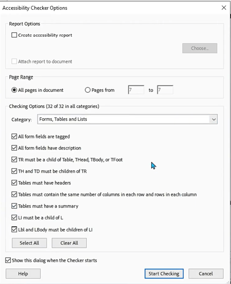 Adobe Acrobat Accessibility Checker options