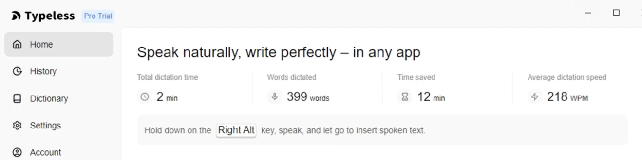 Typeless menu showing it's features