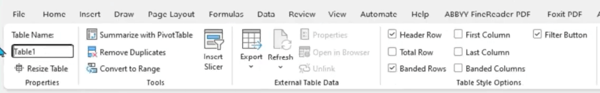 Name your Excel table in the table name box at the top left of Excel.