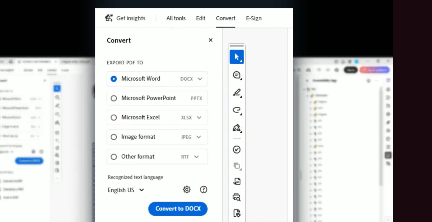 Adobe Acrobat Convert Tool is found in the top tool bar