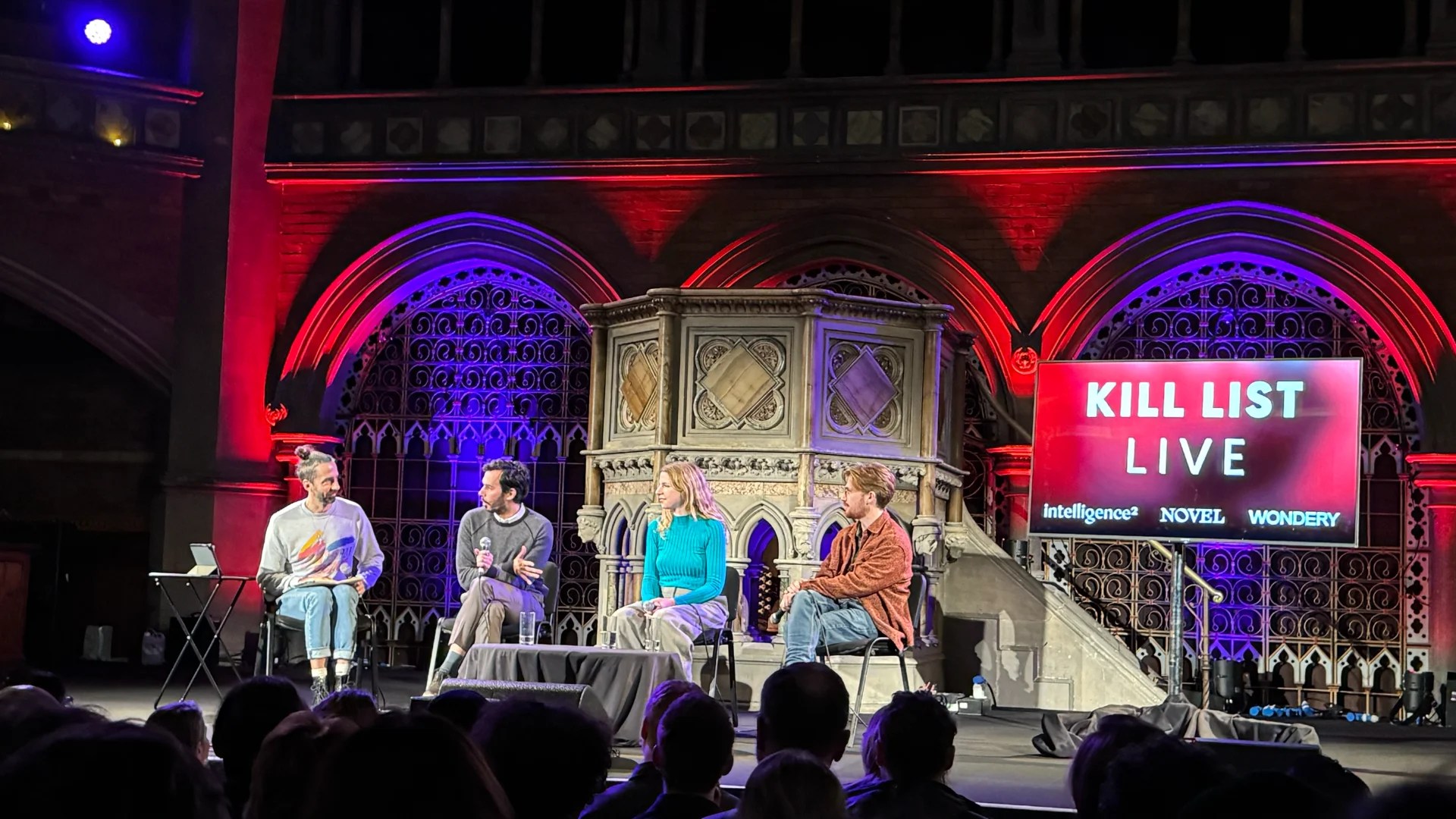 Jamie Bartlett, Carl Miller, Caroline Thornham, Tom Wright on stage at Kill List Live