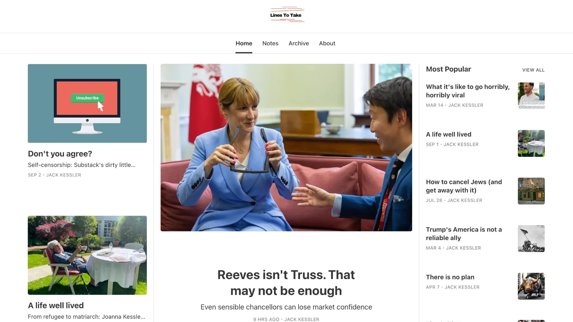 Homepage of the Lines to Take newsletter by Jack Kessler