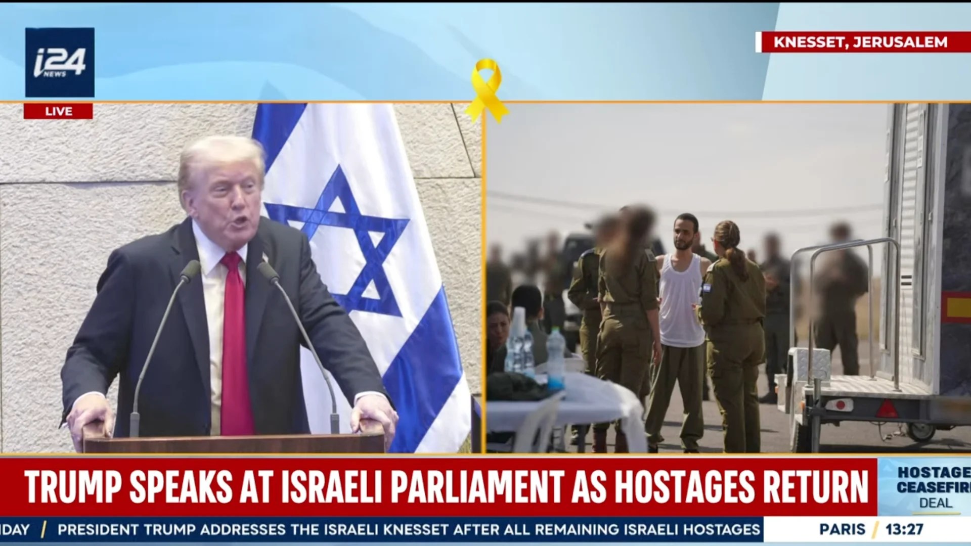 US President Donald Trump addresses the Knesset in Israel on 13 October, 2025, shown on the i24 TV news channel