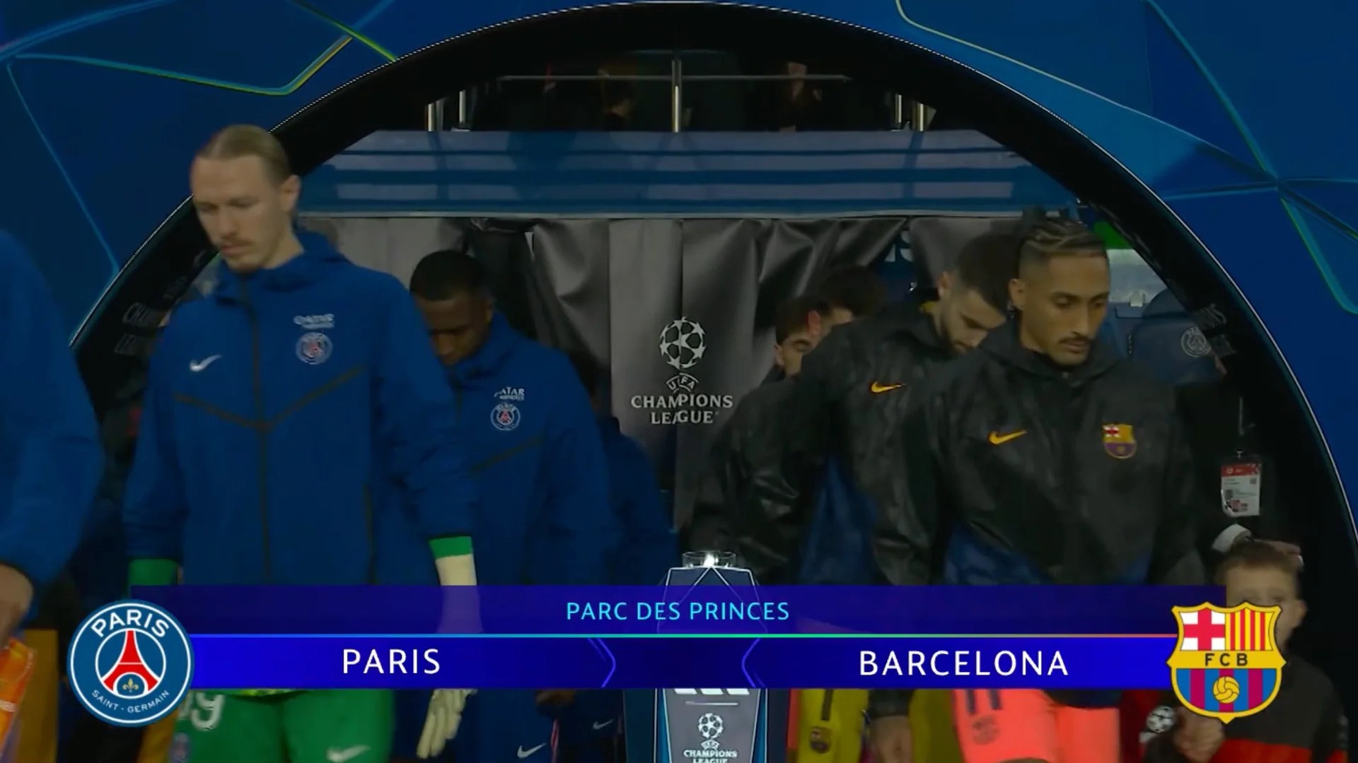 Players walking out for PSG vs Barcelona on TNT Sports