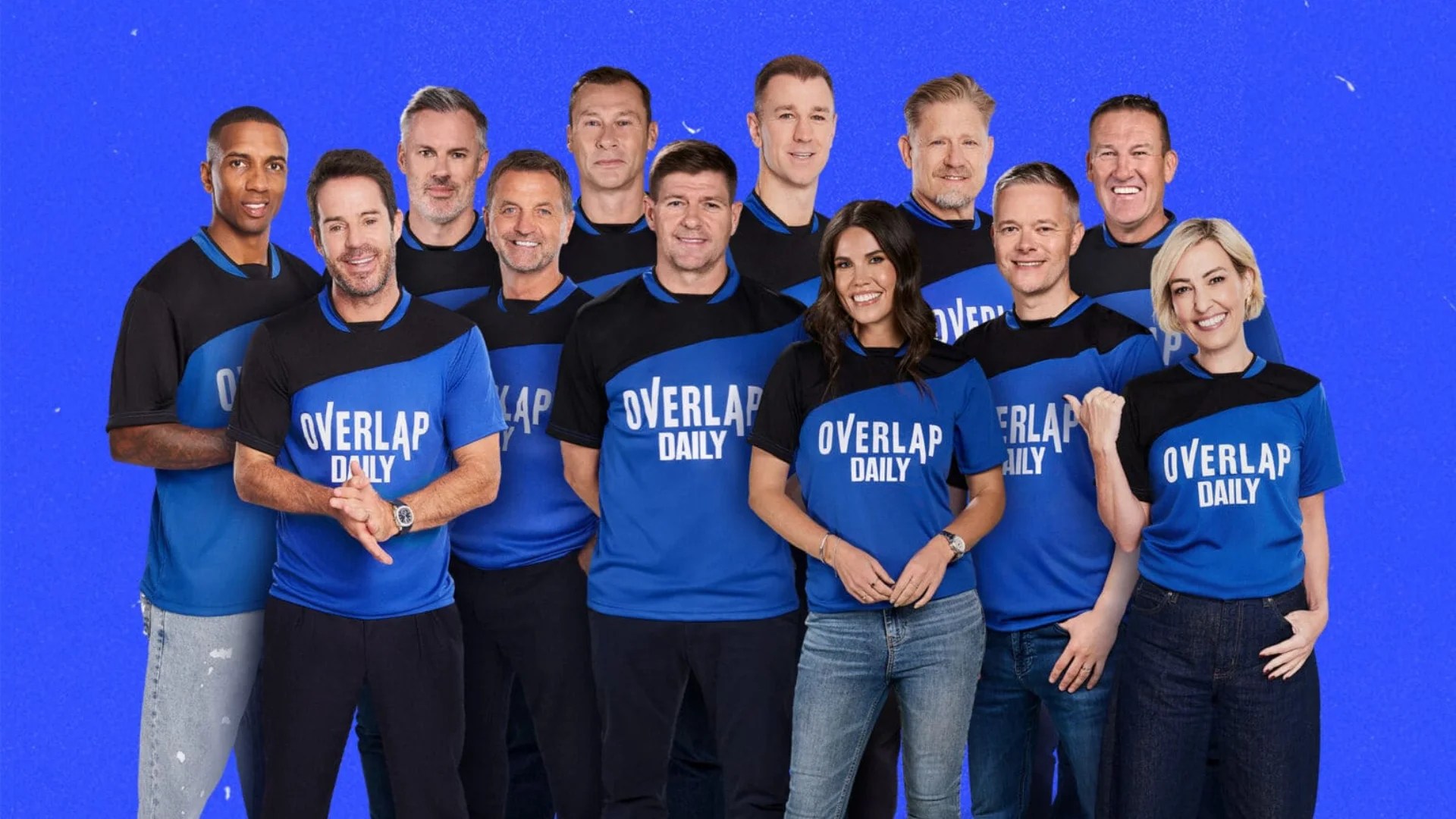 The Overlap Daily cast in Overlap Daily t-shirts. [L-R Backrow] Ashley Young, Jamie Carragher, Duncan Ferguson, Joe Hart, Peter Schmeichel, Mark Crossley [L-R frontrow]: Jamie Redknapp, Tim Sherwood, Becky Ives, Mark Goldbridge, Kelly Cates
