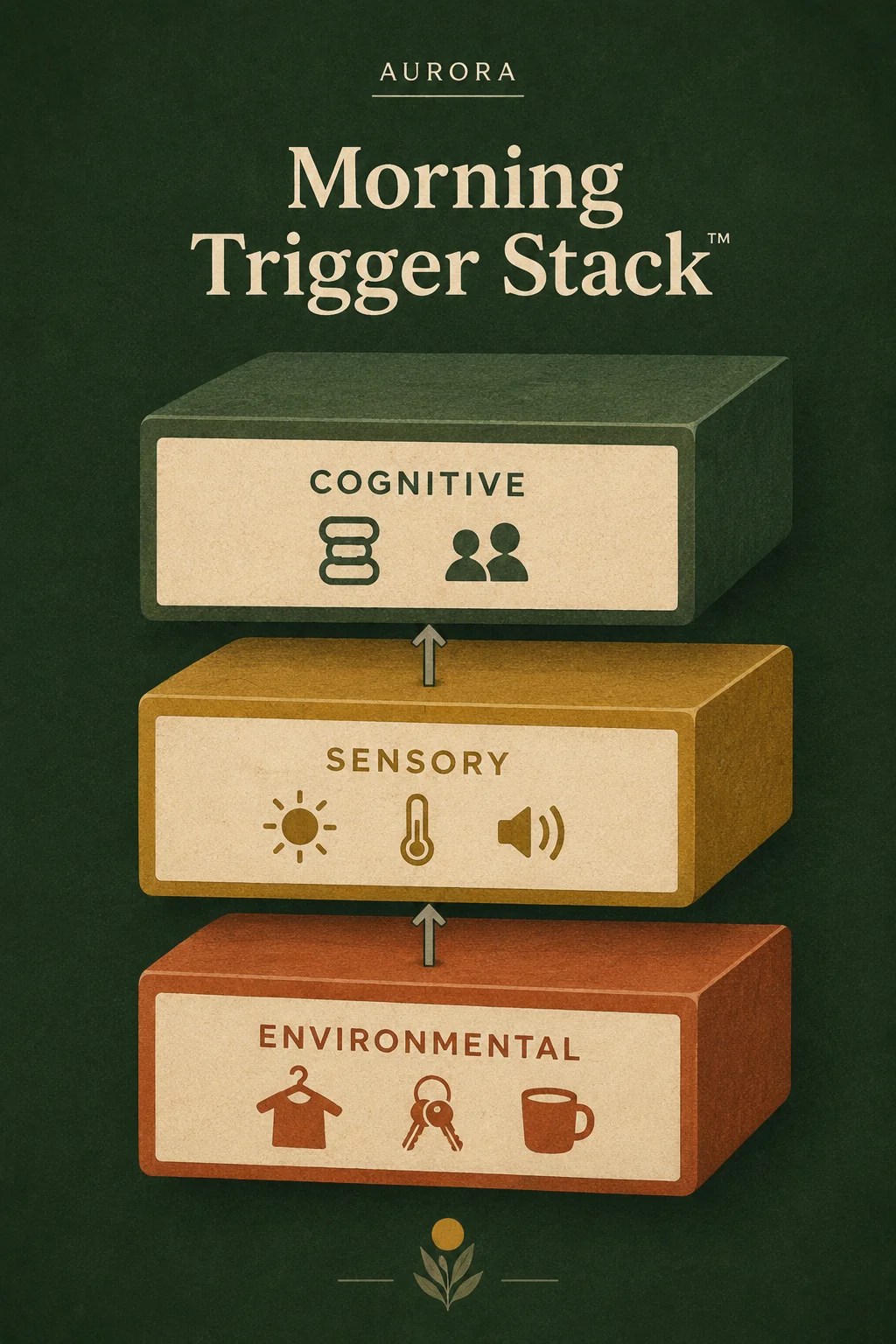 Morning Trigger Stack definition diagram: the three-layer ADHD morning routine protocol with Environmental, Sensory, and Cognitive layers stacked under the Atom Method framework.