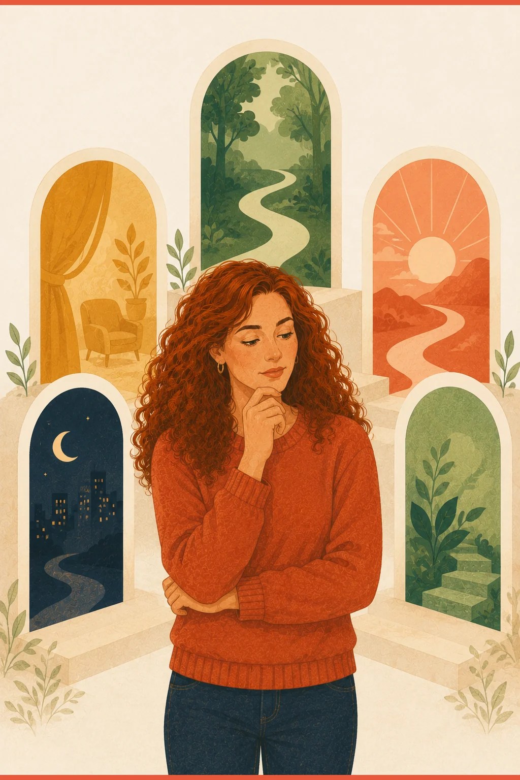 Woman frozen at a crossroads of branching paths and question marks, illustrating ADHD decision paralysis where too many choices overload the brain and stall any action.
