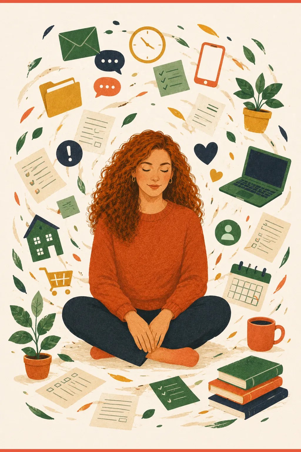Woman with her head in her hands as a towering pile of tasks and responsibilities looms over her, depicting ADHD overwhelm paralysis when everything lands at once and the brain hits capacity.