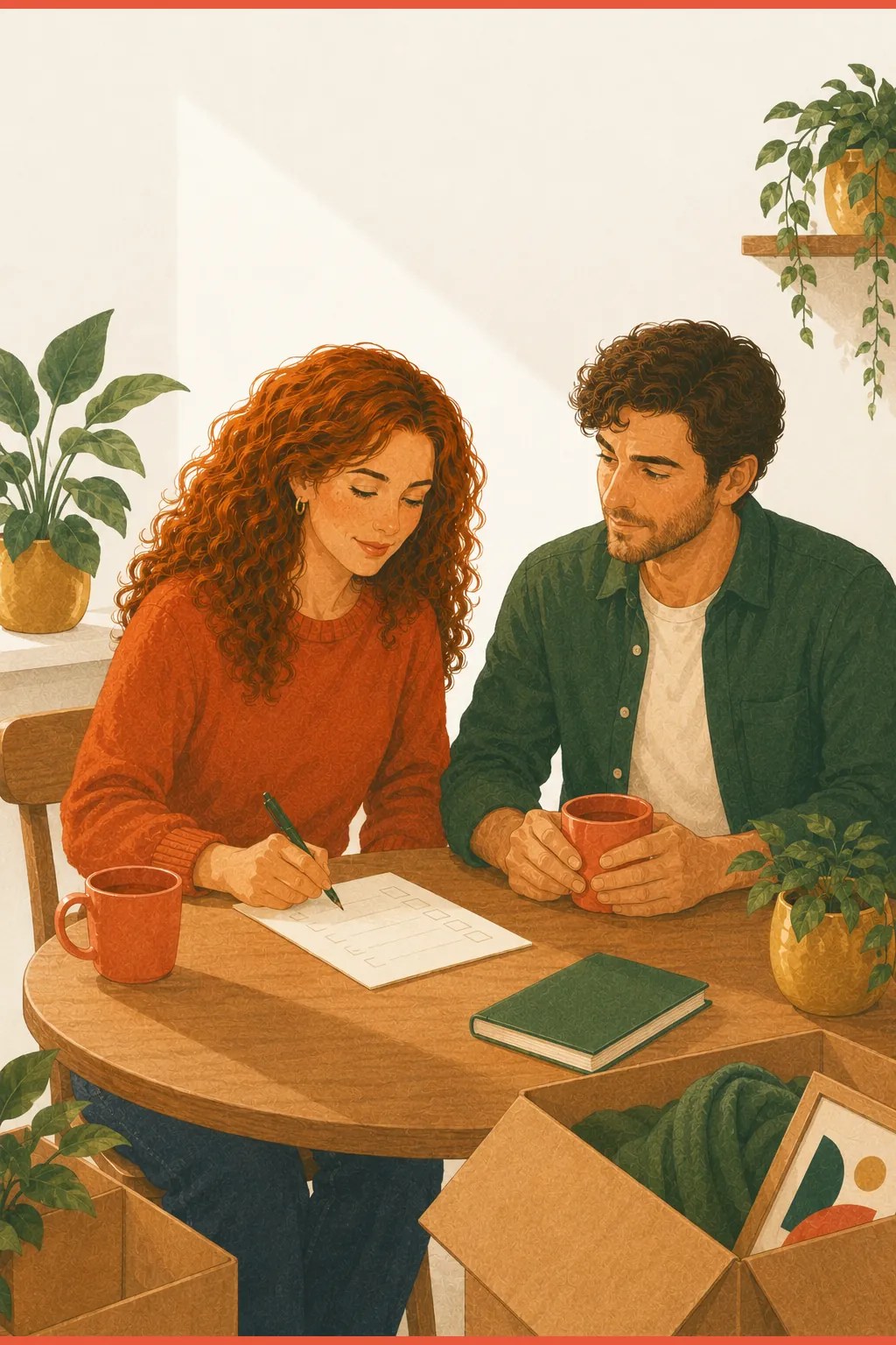 Two people working quietly side by side at a table, one settled by the calm presence of the other — body-doubling and co-regulation helping break ADHD paralysis and make the first move feel possible.