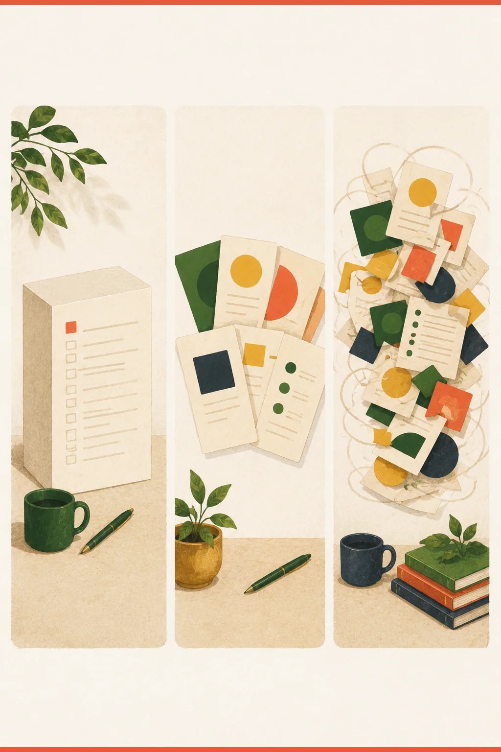 Three-panel illustration of the three types of ADHD paralysis — task paralysis frozen before one big task, decision paralysis stuck among many options, and overwhelm paralysis buried under everything at once.