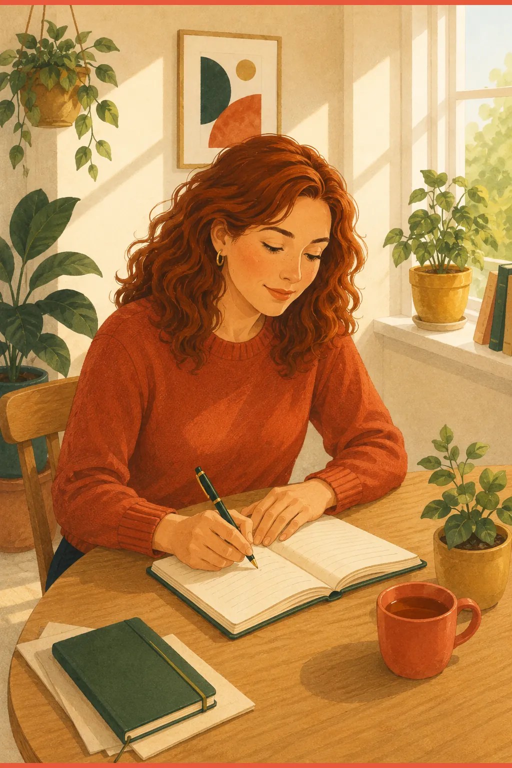 A woman at a sunlit table writing her personal examples in a notebook to bring to an ADHD assessment.