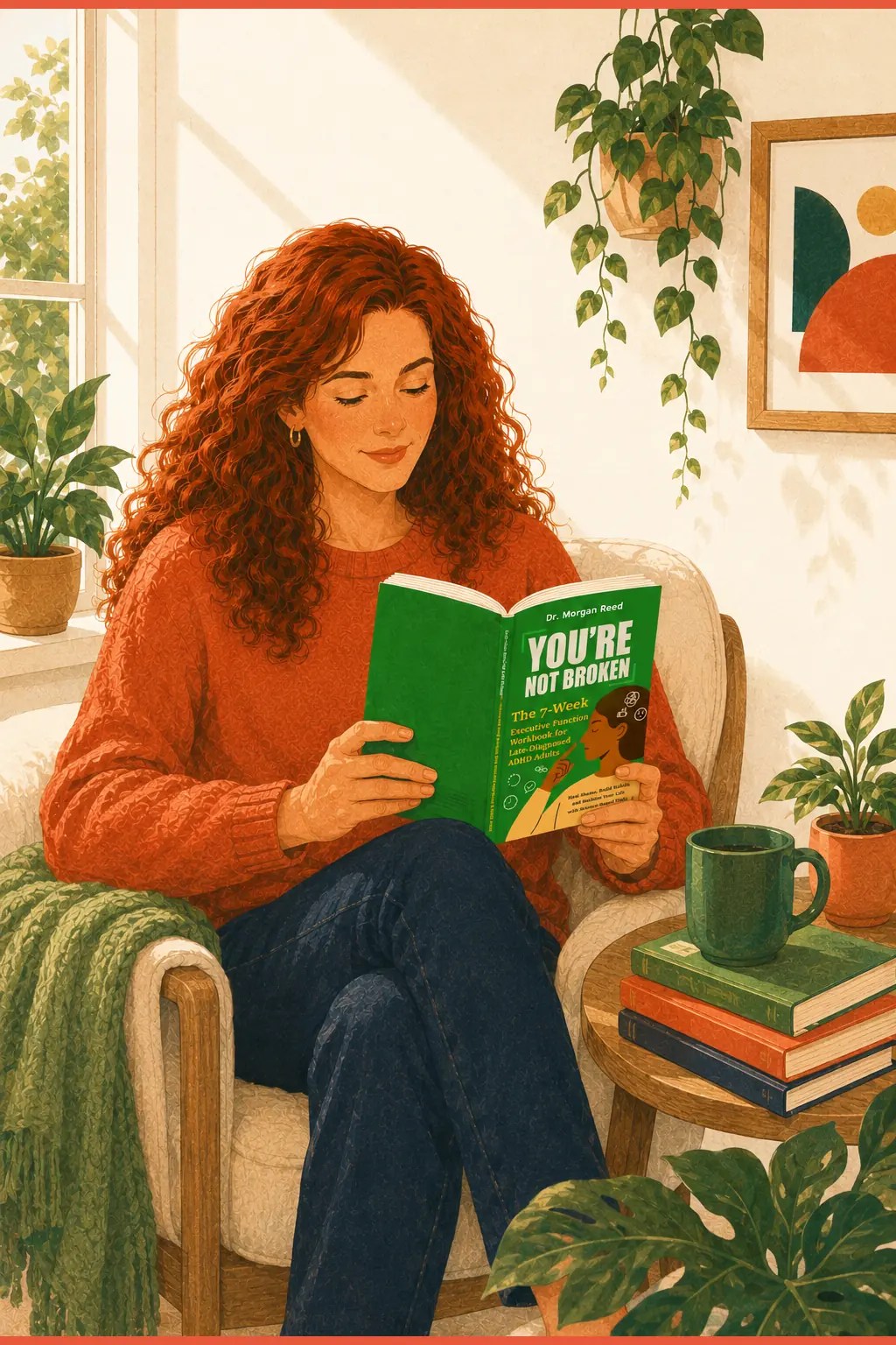 The book You're Not Broken resting in warm light beside a cup of tea and an open notebook, a calm and hopeful scene of self-compassionate recovery from ADHD paralysis.