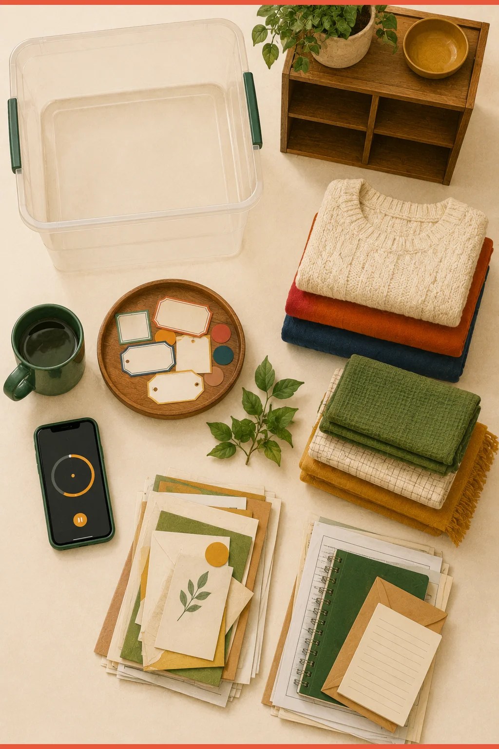 An overhead flat-lay of an open shelf, clear bin, category-sorted stacks and a phone timer, showing tools for clearing an ADHD doom pile.