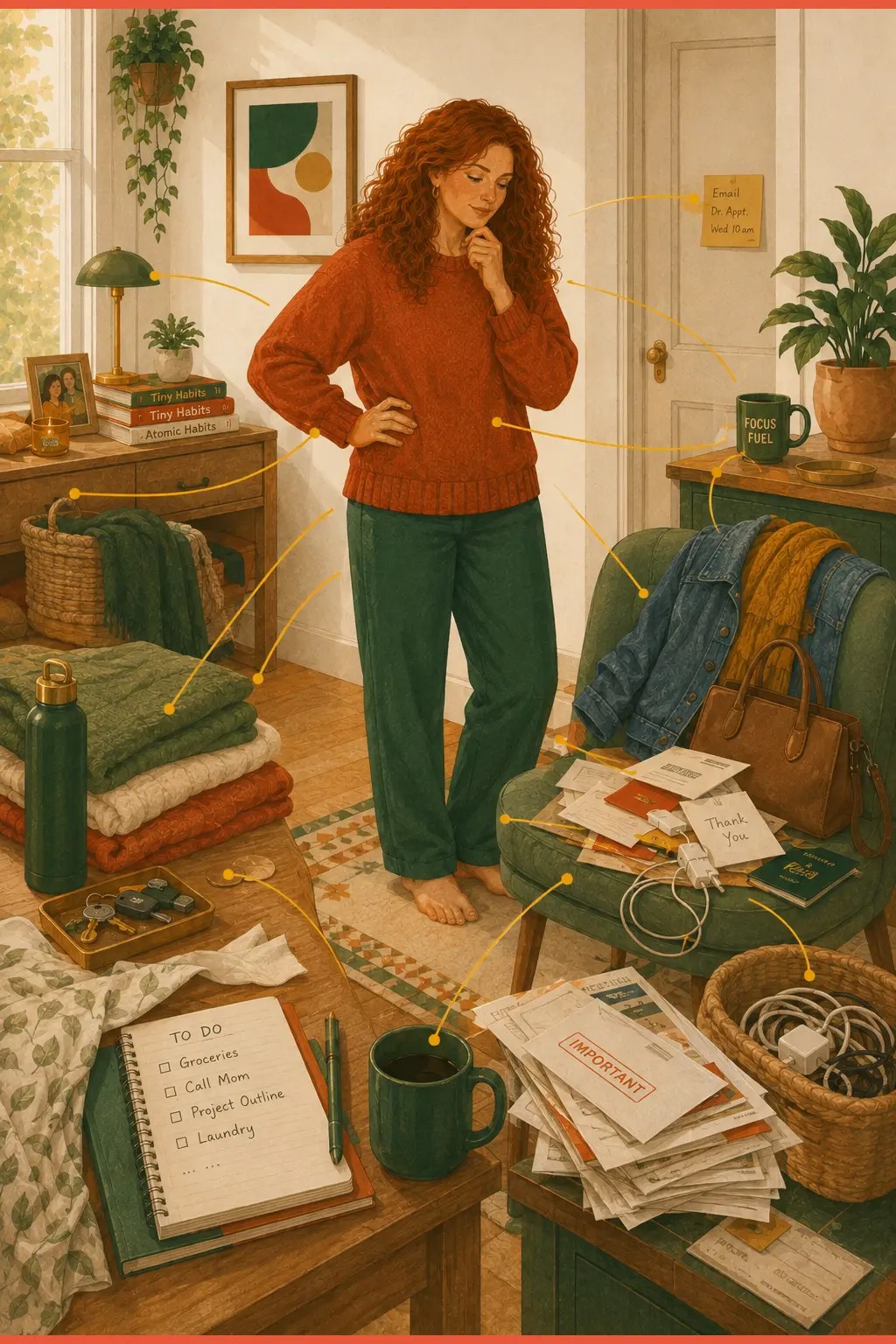 A woman beside a cluttered room where objects send faint attention-tug lines toward her, showing how clutter becomes noise in ADHD.
