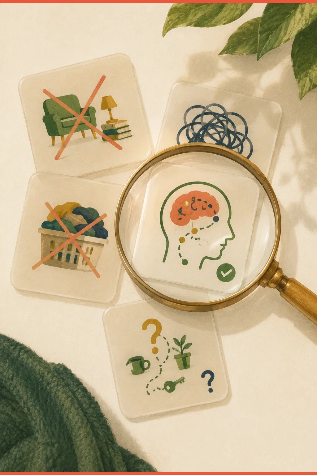 Tiles reading lazy, messy person and object permanence under a magnifying lens with two crossed out, showing what an ADHD doom pile doesn't mean.