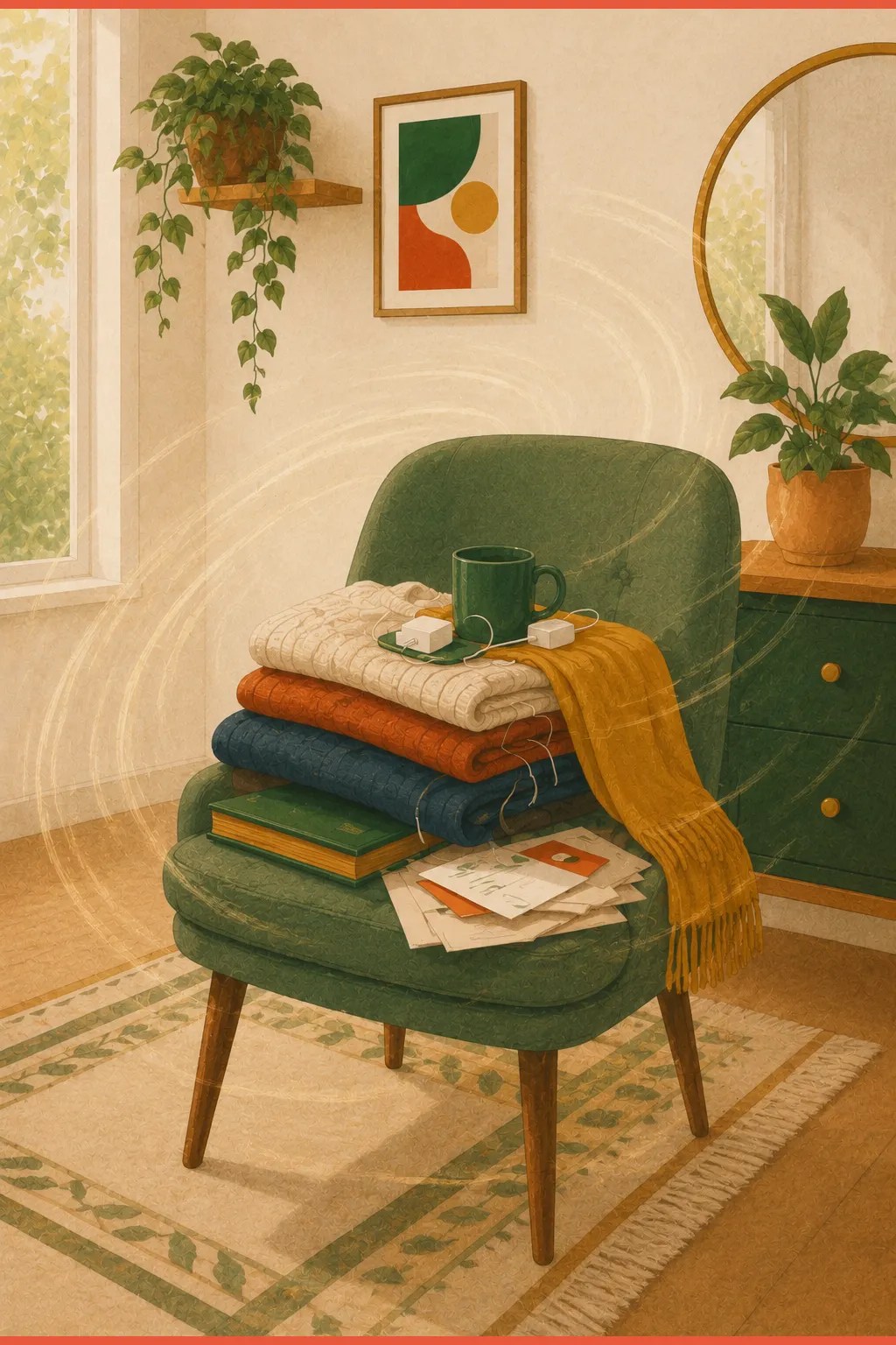 A doom pile of clothes, mail and a mug on a chair with a soft swirl around it, showing how an ADHD doom pile pulls at a room.