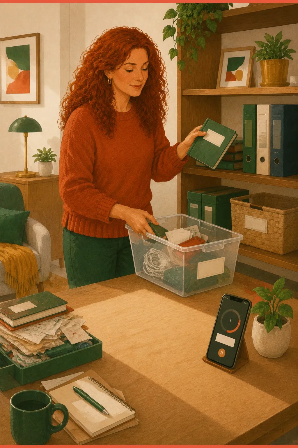 A woman placing items onto an open labeled shelf and clear bin with a timer nearby, showing visible storage that helps ADHD doom piles.