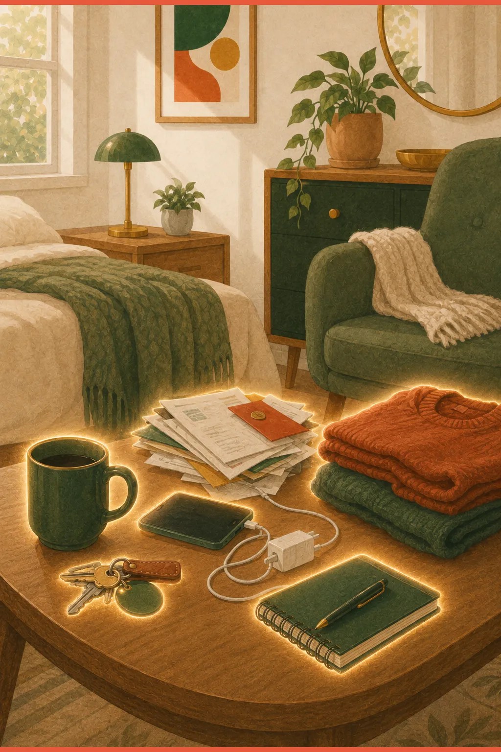 Objects left out as glowing reminders tangling into a soft wall, illustrating the visibility trap behind ADHD doom piles.