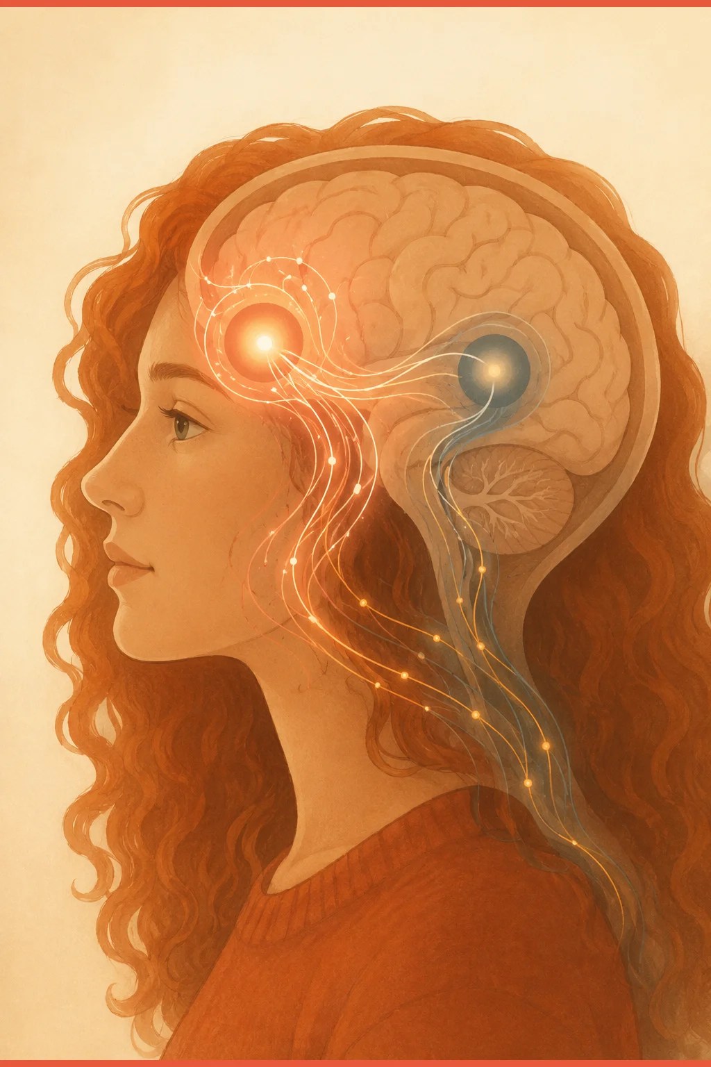 Stylized brain map with an early bright reward pathway and a late dim brake pathway, showing the mechanism of ADHD impulsivity