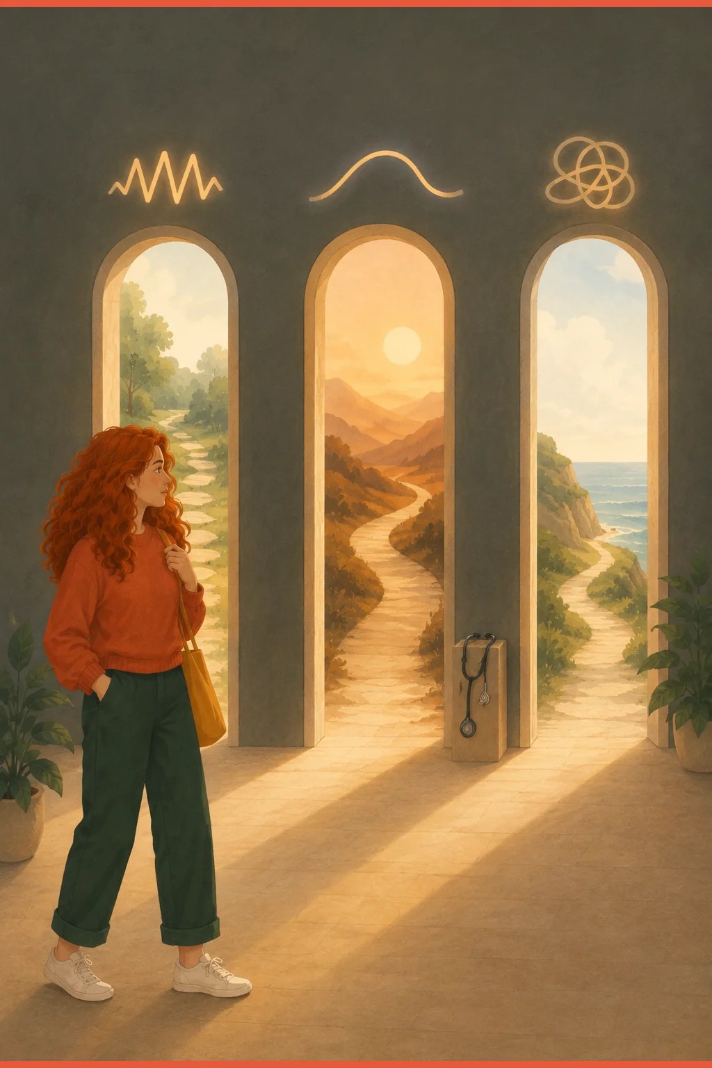 Three doorways marked with daily ripples, a long sustained wave, and a knotted thread, showing ADHD impulsivity versus bipolar and BPD