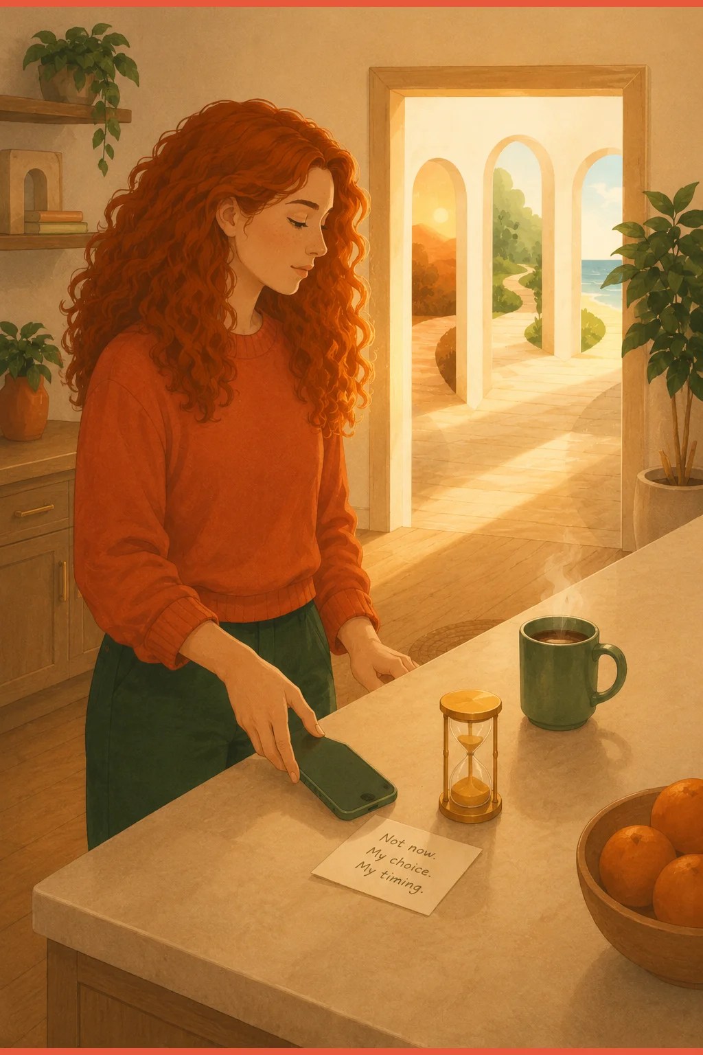 Hands placing a phone face-down beside an hourglass and a note, building an external delay between impulse and action with ADHD