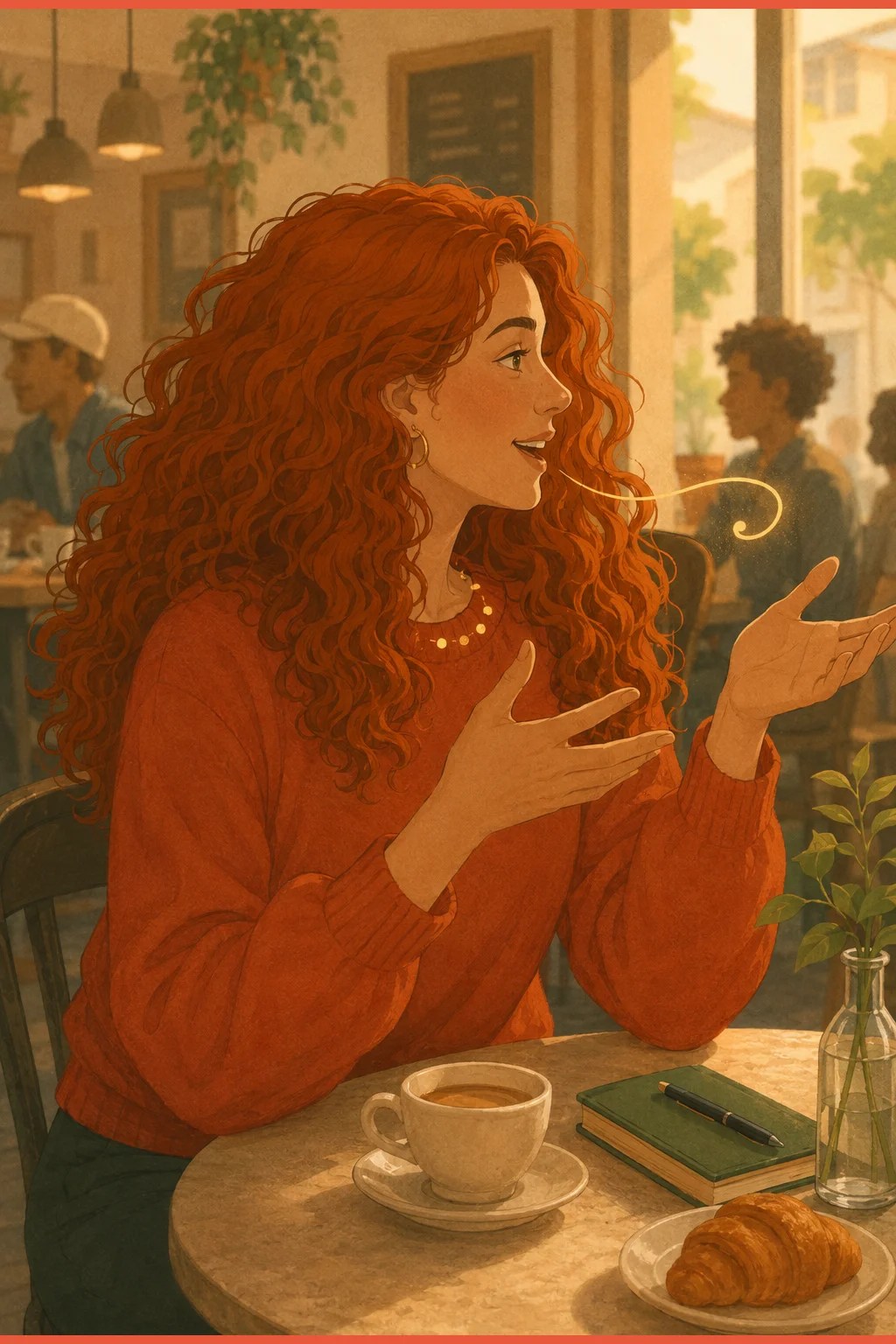 Woman animated in conversation at a café with contained impulse-dots and one escaping, showing the masked over-talking presentation in women with ADHD