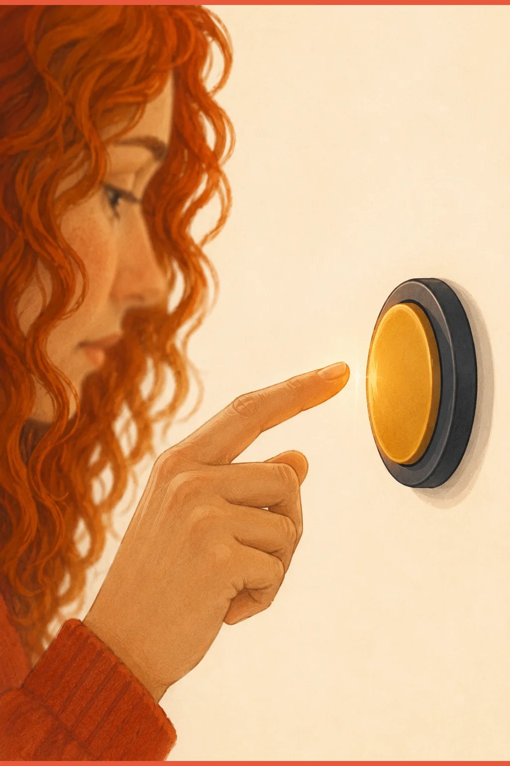 Close-up of a fingertip held a small glowing gap away from a button, showing the veto window that arrives late in ADHD impulsivity