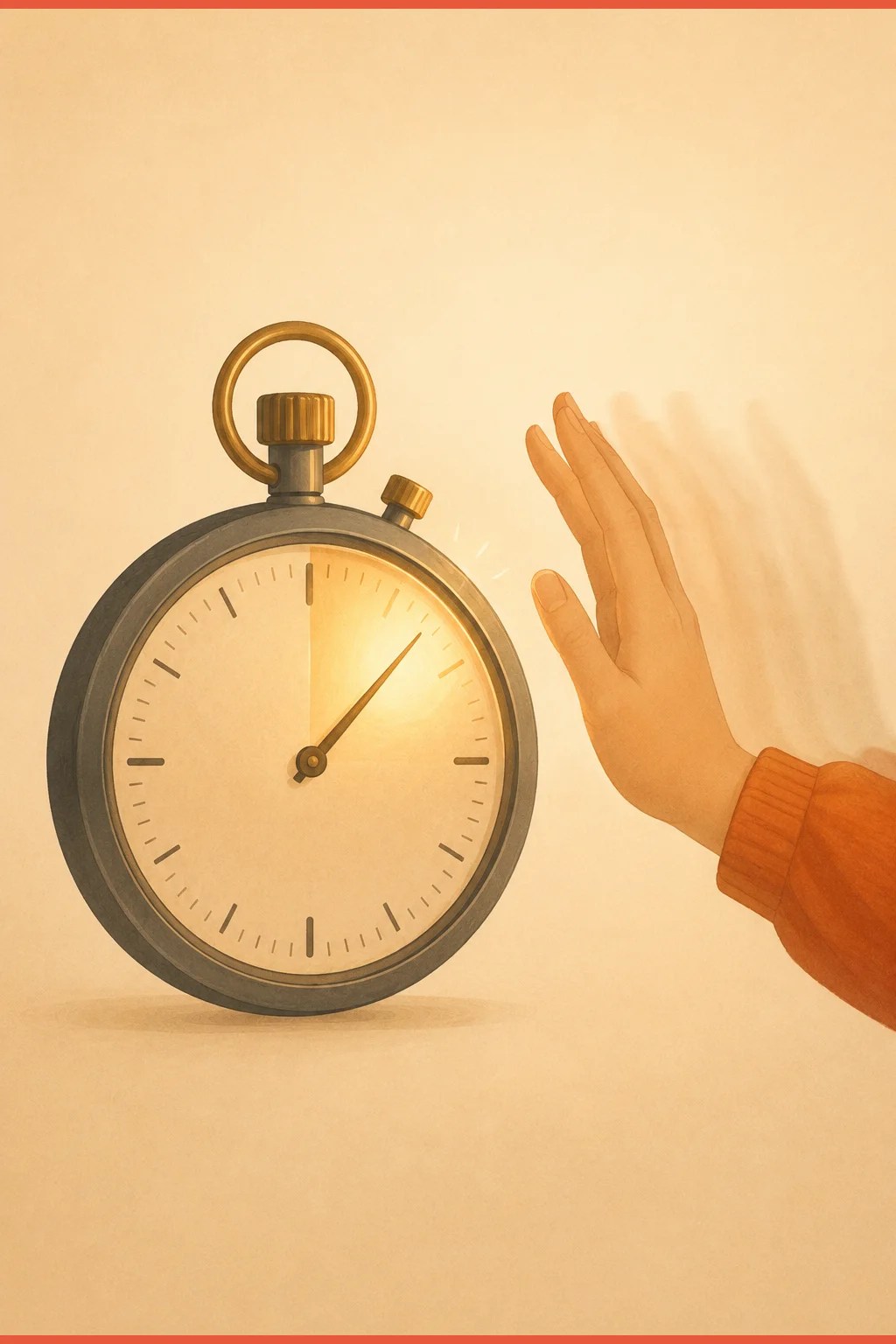Oversized stopwatch with a stop cue lighting up and a hand arriving a beat late, showing the slow response inhibition behind ADHD impulsivity