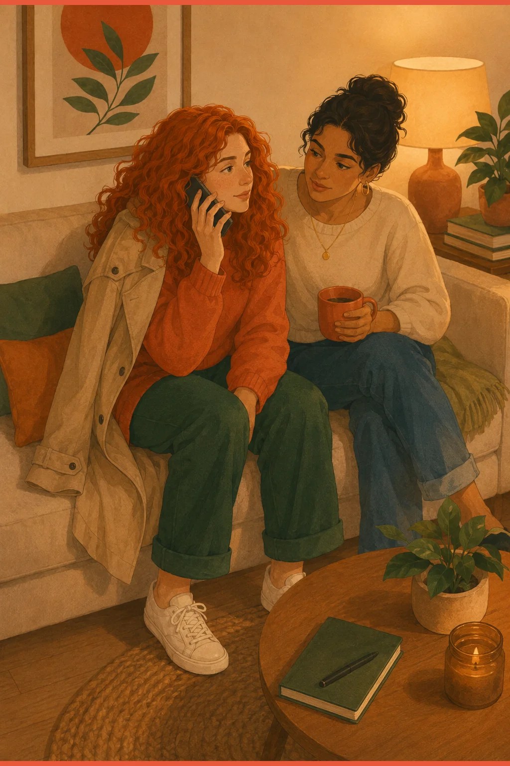 Woman pausing with her coat half-on to make an accountability phone call beside a supportive friend, showing allies for ADHD impulsivity