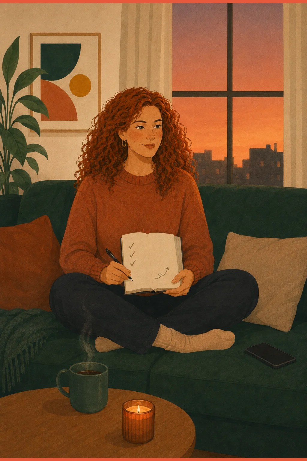 Woman decompressing after a job interview with a three-wins debrief journal and tea