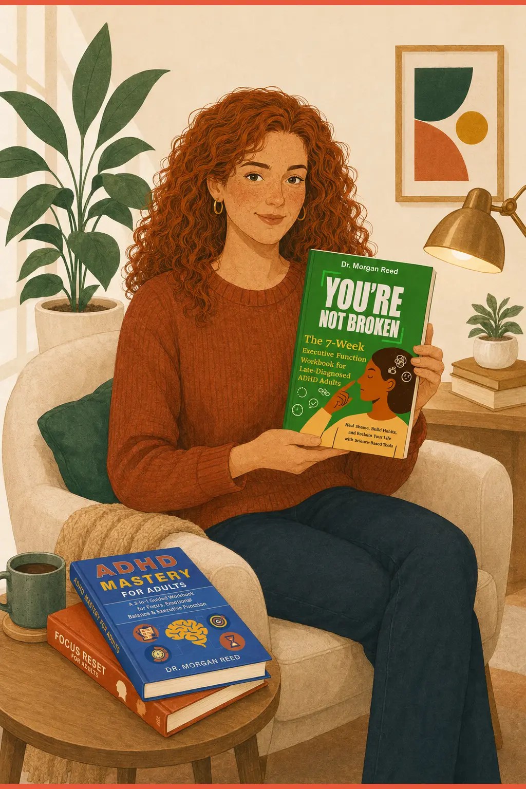 Woman holding the green You're Not Broken executive function workbook beside two companion ADHD books