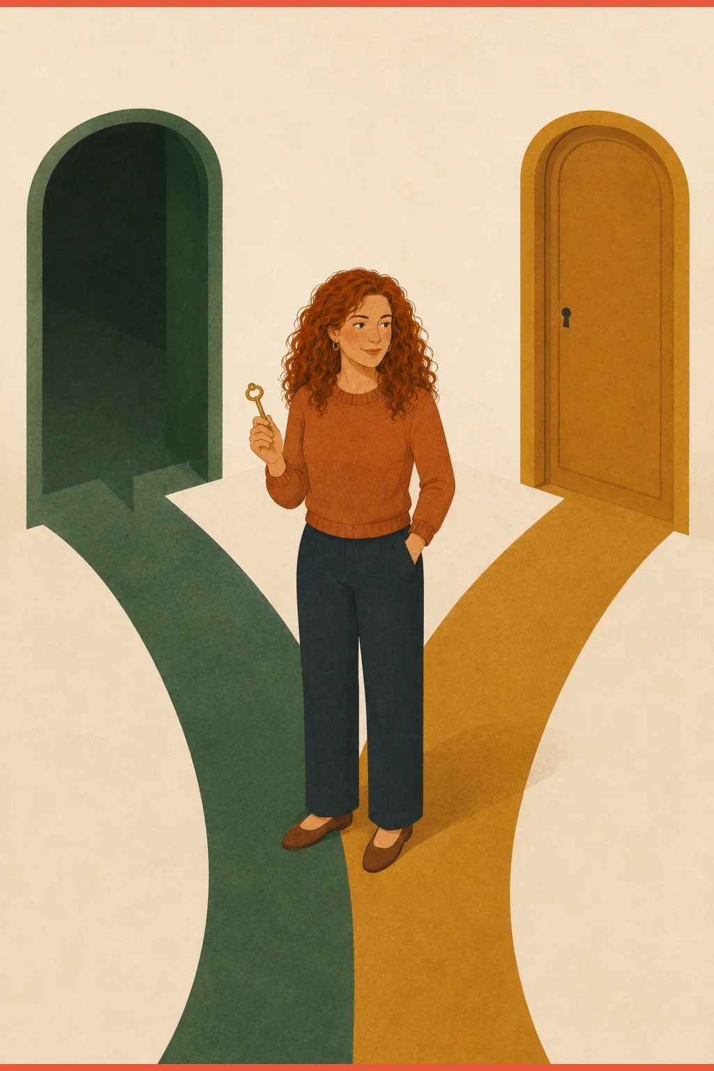 Woman holding a key between two paths, weighing whether to disclose ADHD in a job interview