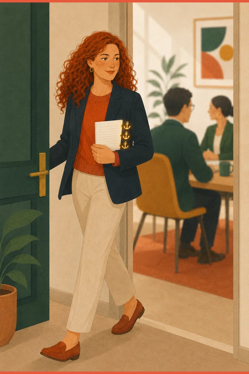 Woman entering an interview room carrying a slim notes page with three scripted anchor points