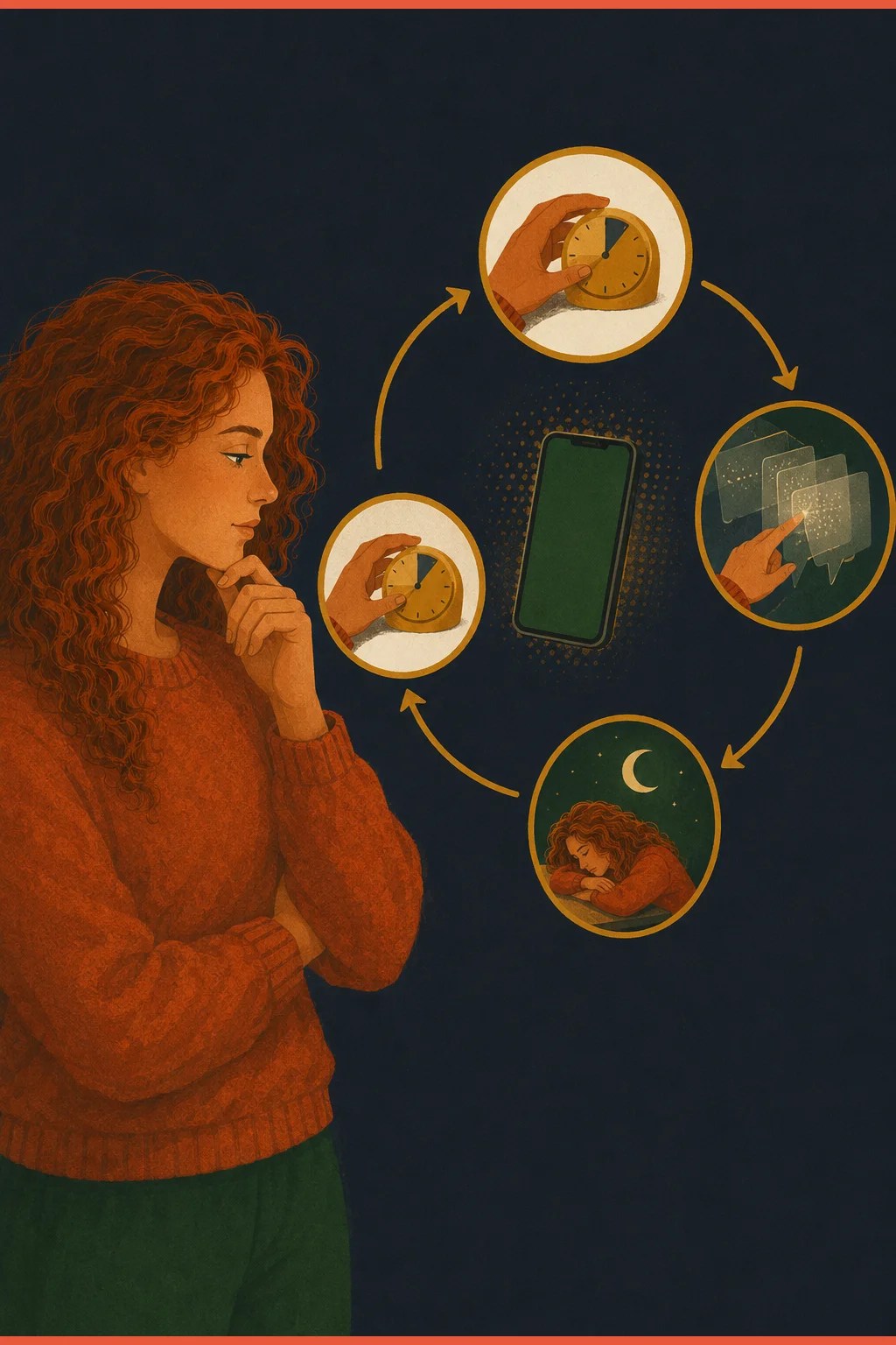 Woman calmly observing the screen-time limit loop — set a limit, tap through it, feel worse, repeat — from outside the cycle
