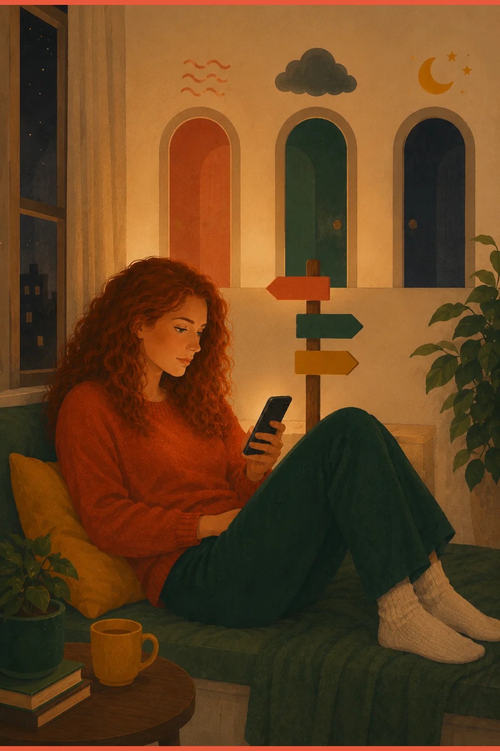 Woman scrolling at a night window with three doorways behind her for anxiety, low mood, and lost sleep, asking what the scroll is doing for her