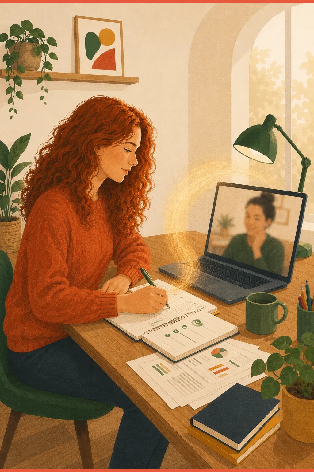 Woman body doubling at home, working alongside a coworking partner on a video call to help focus with ADHD
