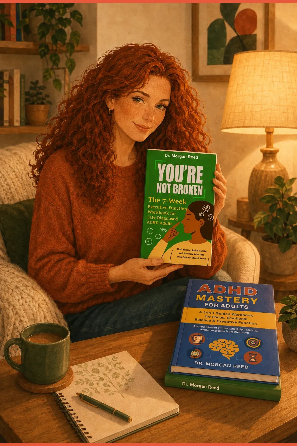 Woman holding the green You're Not Broken executive function workbook beside two companion ADHD books