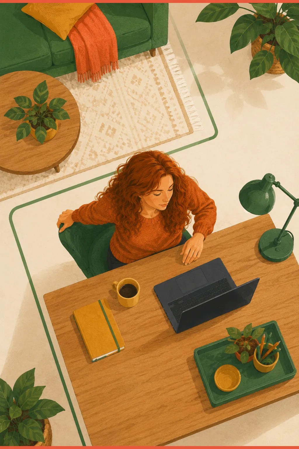 Overhead view of a dedicated home work corner set apart from the living space, giving ADHD a clear spatial cue for work mode