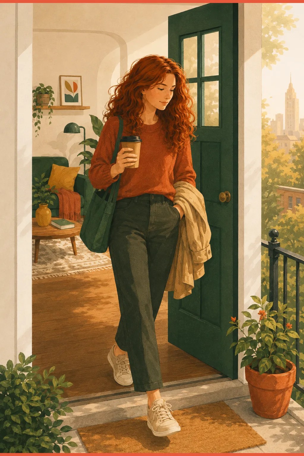 Woman stepping through a doorway with coffee on a short fake commute to transition into work mode with ADHD