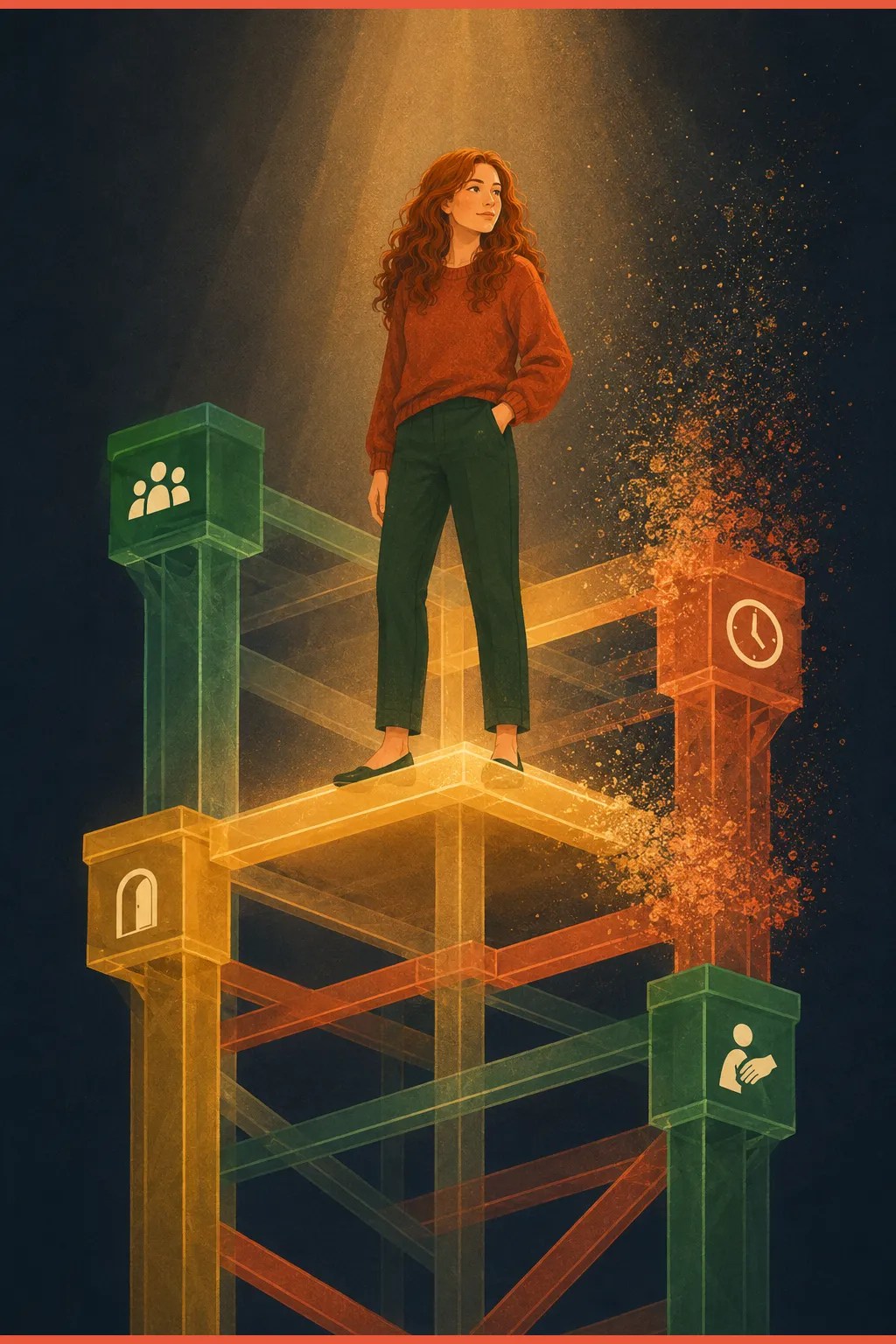 Illustration of the Invisible Scaffolding: an office rendered as support beams holding up a person, the hidden structure remote work removes