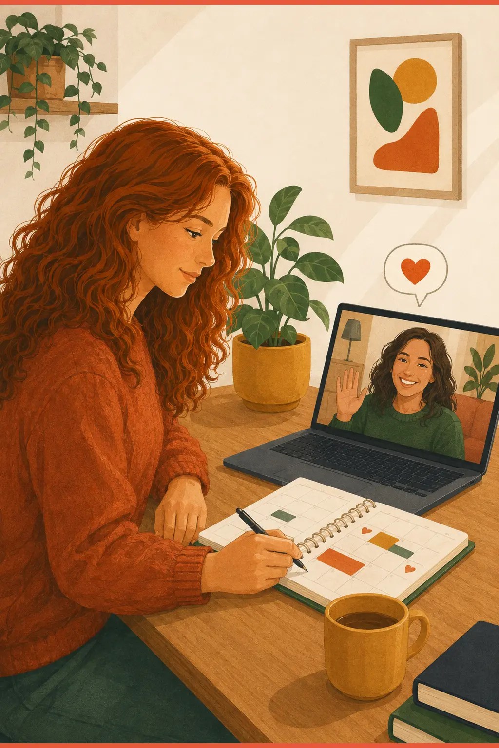 Woman scheduling human contact and a friendly video call to design against the isolation of remote work with ADHD