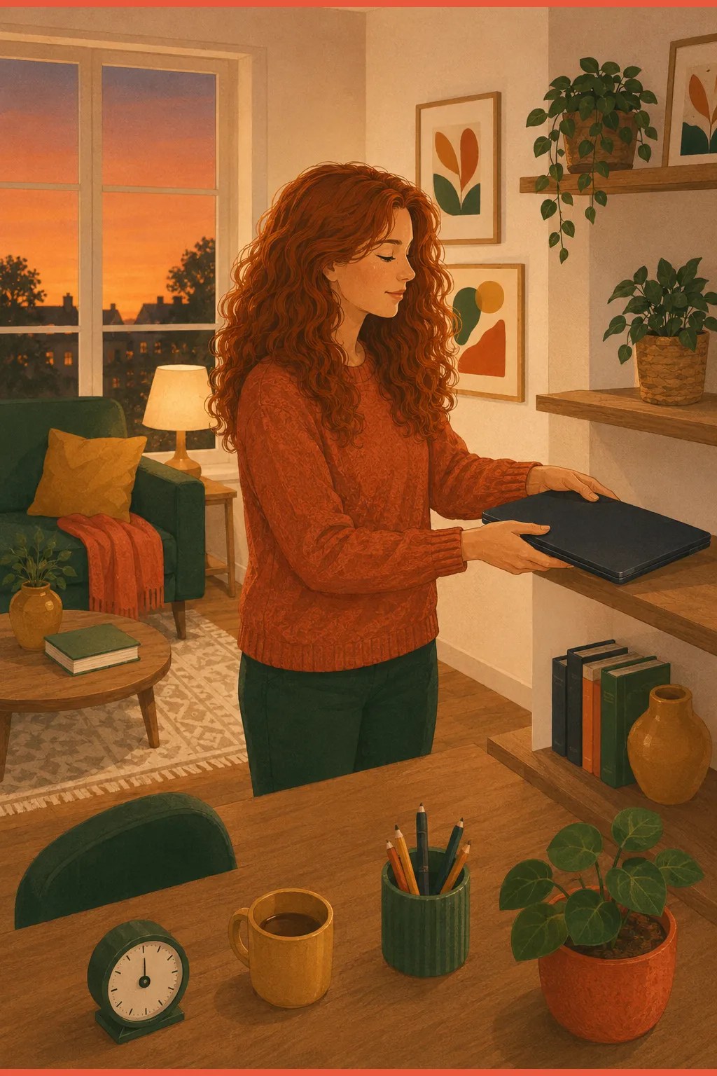 Woman closing her laptop and shutting off the desk lamp at day's end, a shutdown ritual protecting the work-home boundary