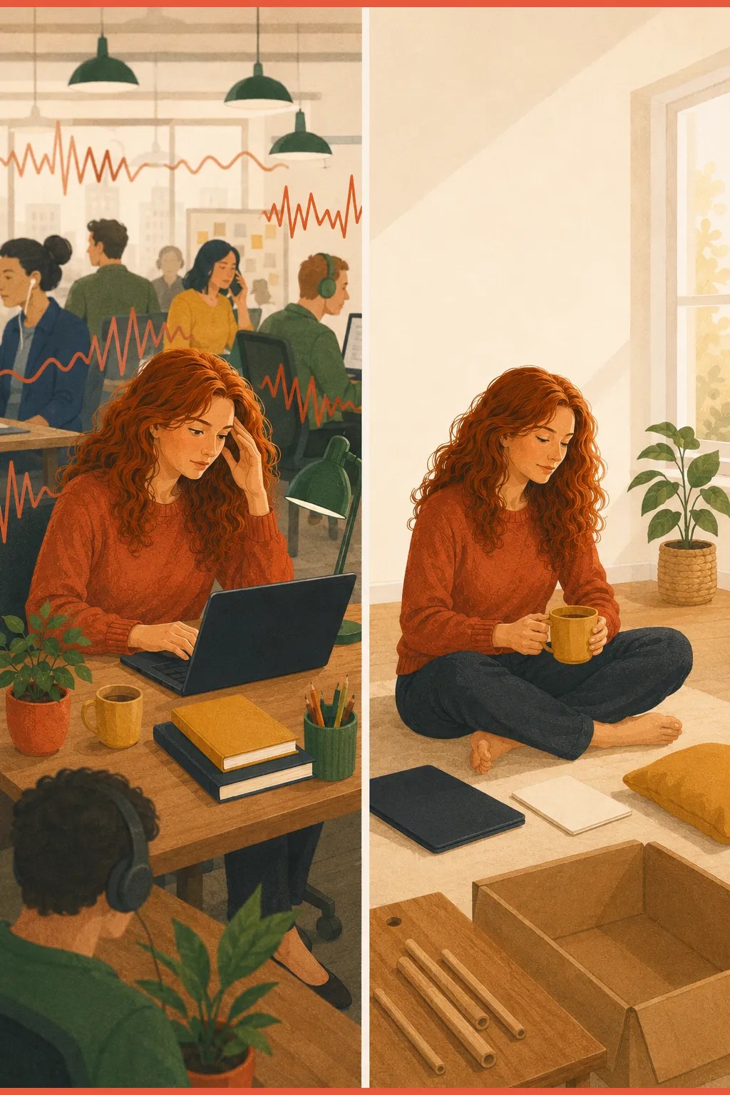 Split illustration of the remote-work trade for ADHD: a structured but noisy office versus a quiet but unstructured home workspace