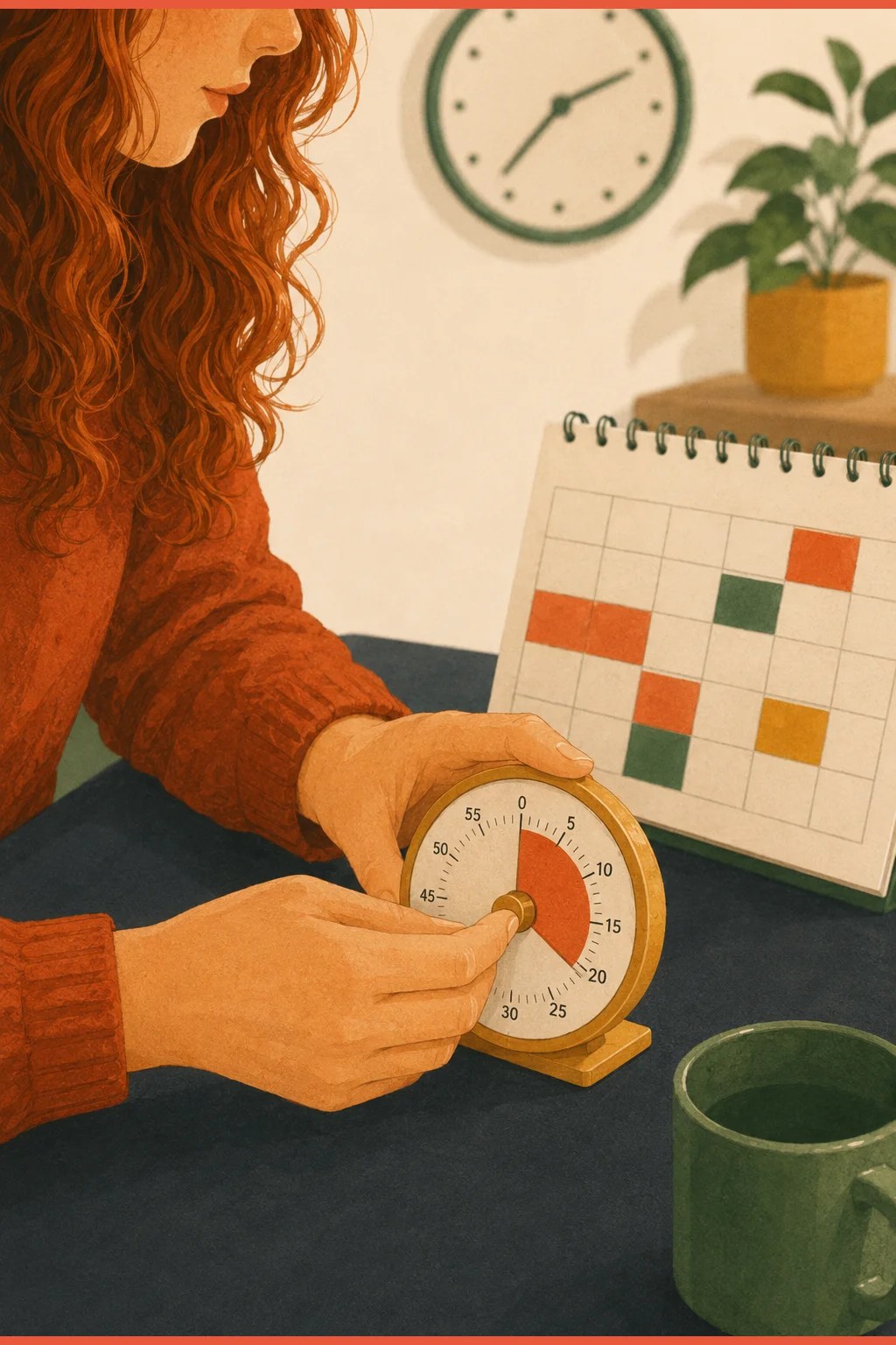Hands setting an analog timer beside a wall clock and a color-blocked calendar, making time visible for ADHD